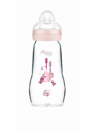 MAM Feel Good Γυάλινο Μπιμπερό 260ml Ροζ με Σχέδιο Σκιουράκι – Από 0 Μηνών